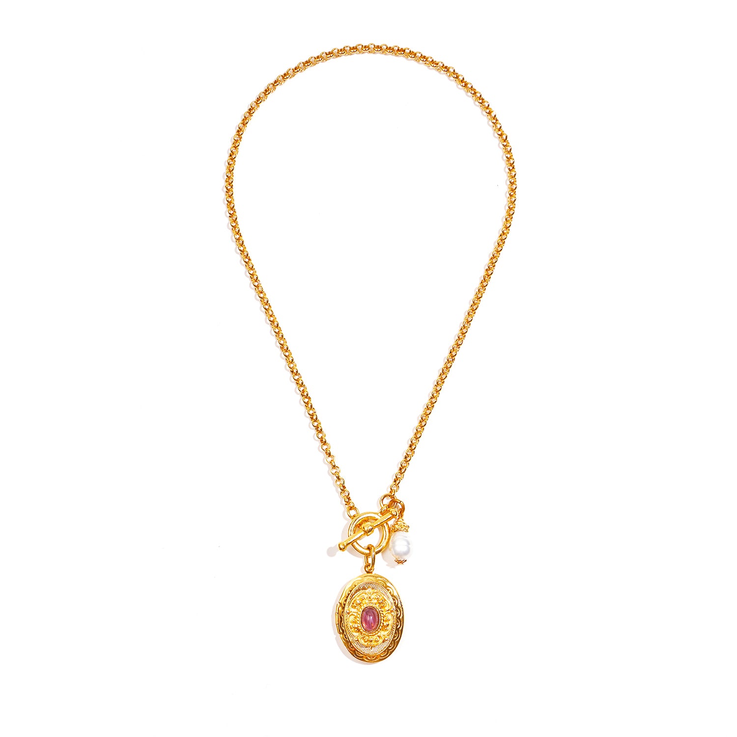 gold plated link necklace with oval openable locket and toggle closure 