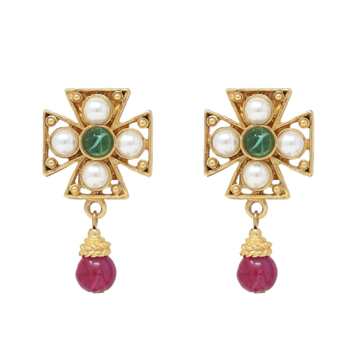 Tomar Small Pearl & Stone Cross Earrings | Ben-Amun Jewelry